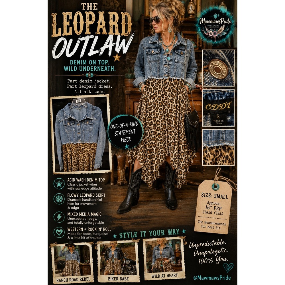 Oddi Leopard Outlaw Denim Mixed Media Handkerchief Hem Dress Small Acid Wash